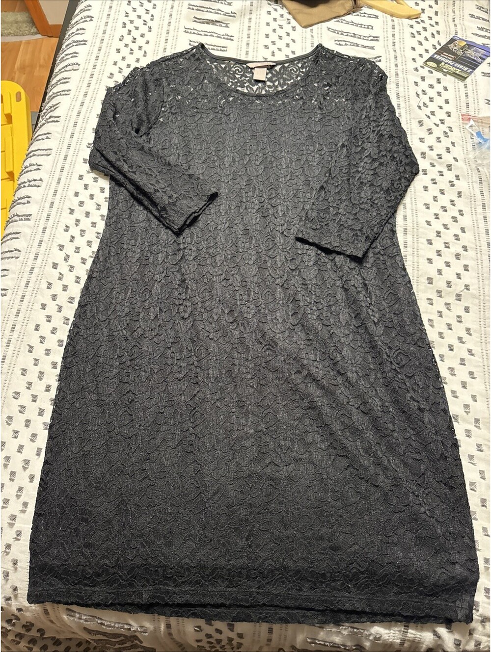 H &M Black Lace 3/4 Sleeve Knee Length Cocktail Dress Sz XL